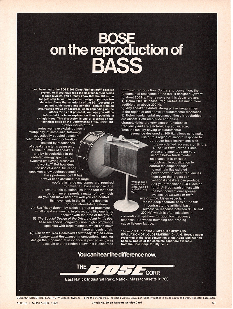 Bose advertisement in Audio, November 1969