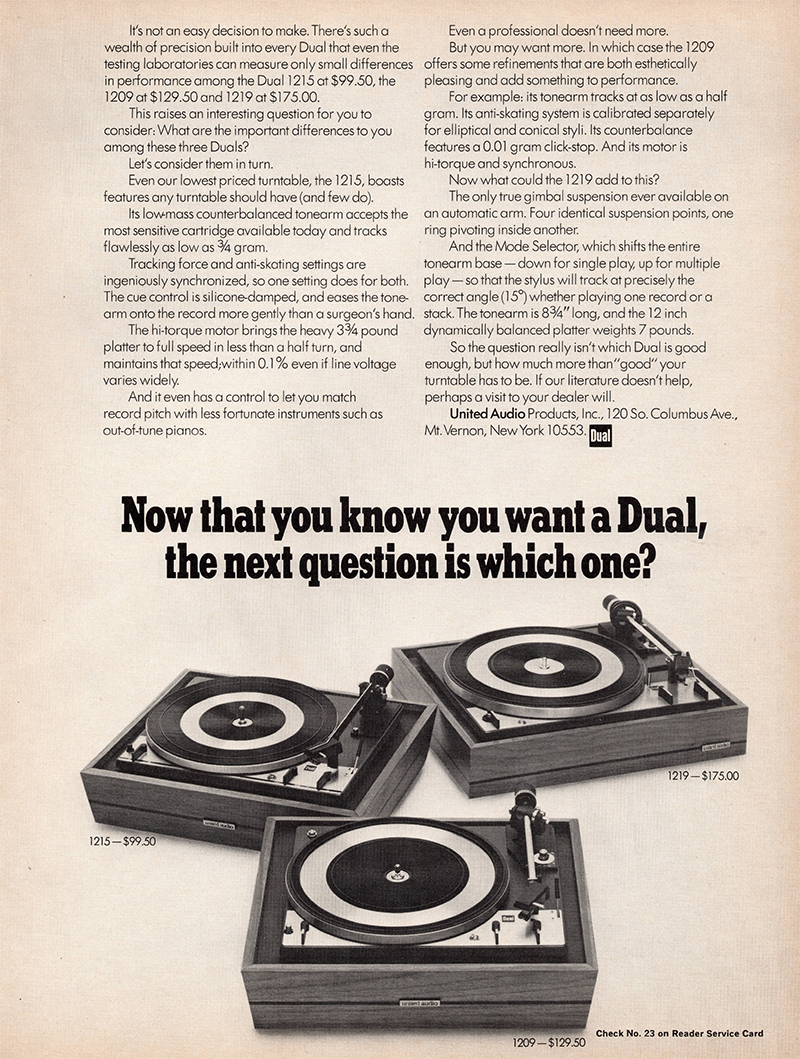 Dual advertisement in Audio, March 1971