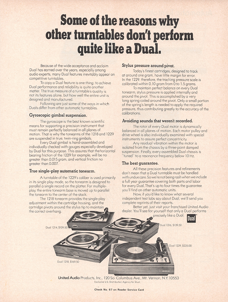Dual advertisement in Audio, September 1973