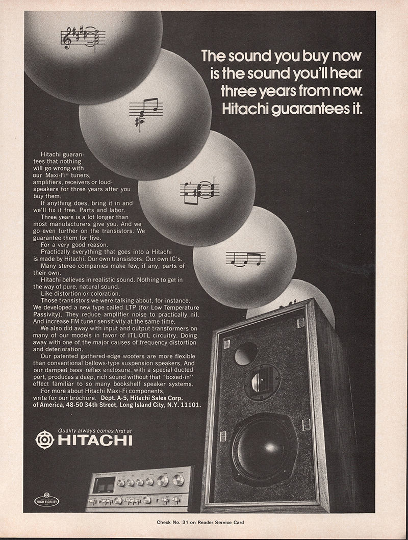 Hitachi advertisement in Audio, September 1973