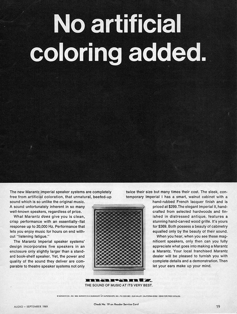 Marantz advertisement in Audio, September 1969