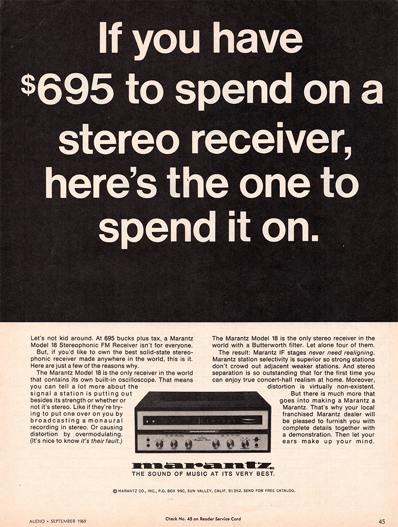 Marantz advertisement in Audio, September 1969