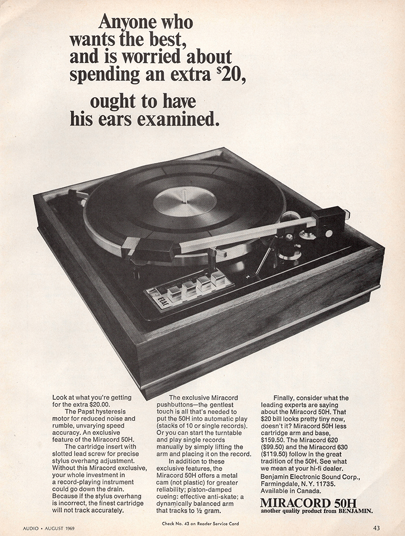 Miracord advertisement in Audio, August 1969