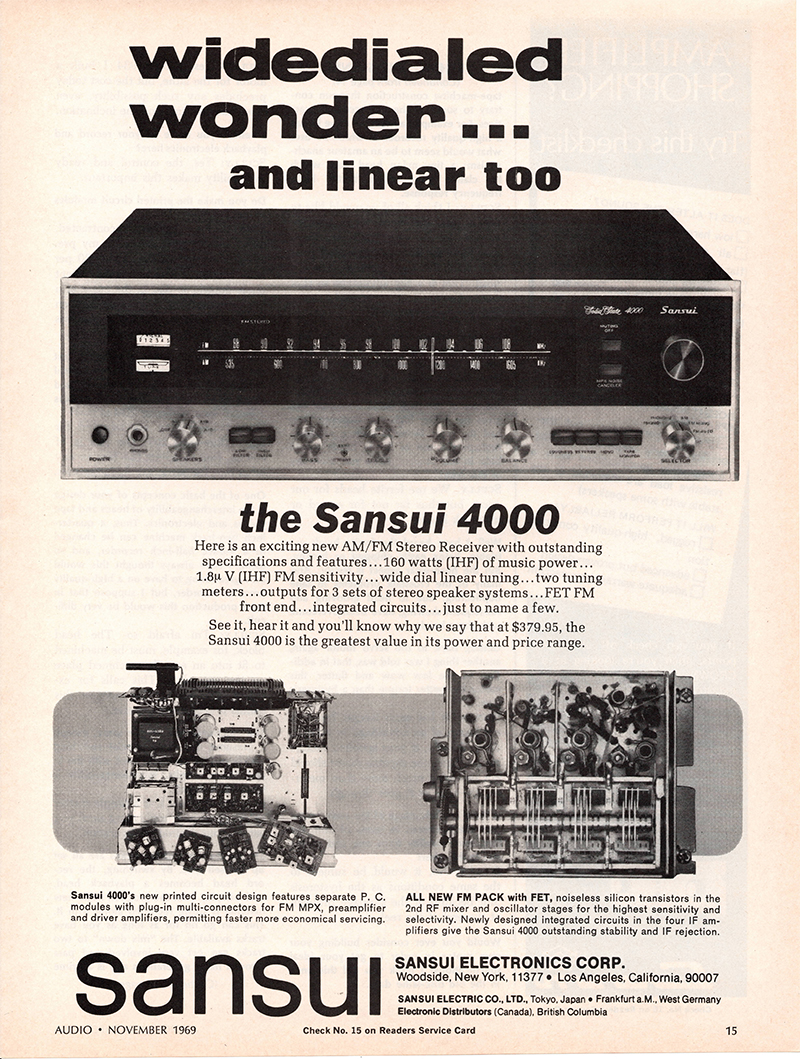 Sansui advertisement in Audio, November 1969