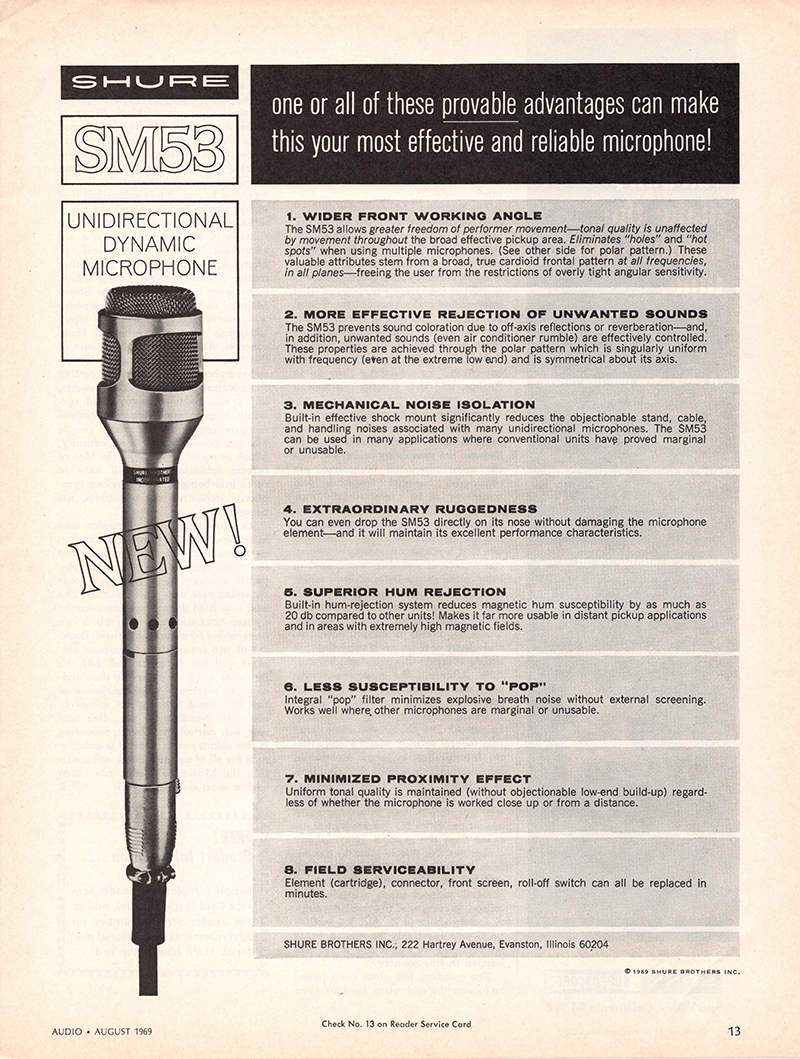 Shure advertisement in Audio, August 1969