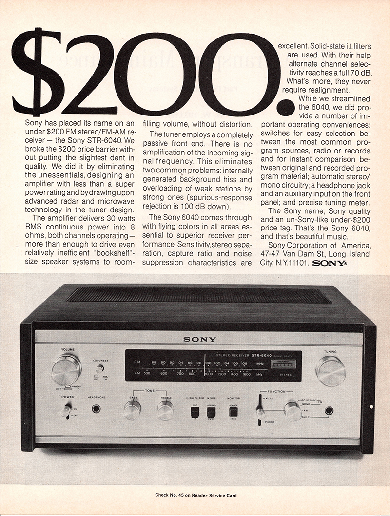 Sony advertisement in Audio, December 1969